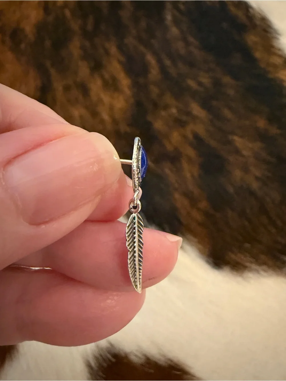 ❤️Blue Lapis Lazuli Navajo Style Stamped Sterling Silver Dangle Feather Earrings